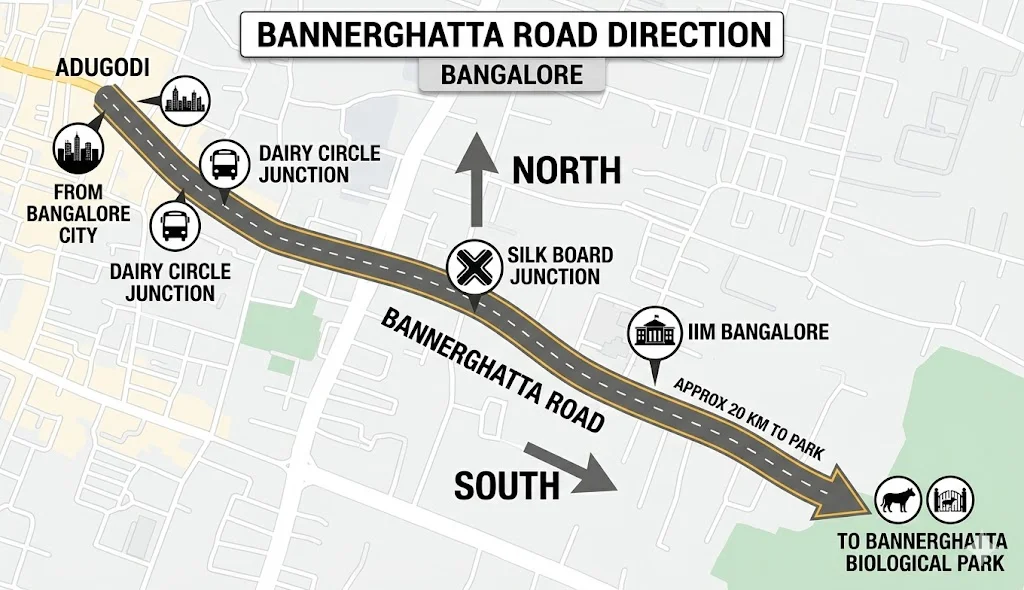 Detailed road map and driving directions to Bannerghatta Road showing connectivity from NICE Road and Meenakshi Mall.